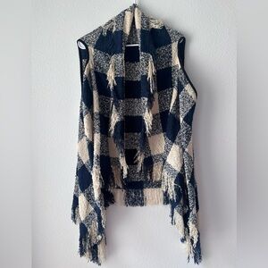 Navy Blue & Cream Buffalo Check Plaid Fringe Knit Vest